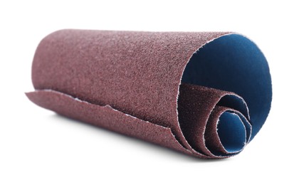 Photo of Rolled sheet of sandpaper isolated on white