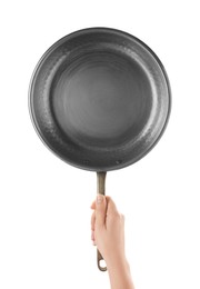 Photo of Woman holding metal frying pan on white background, closeup
