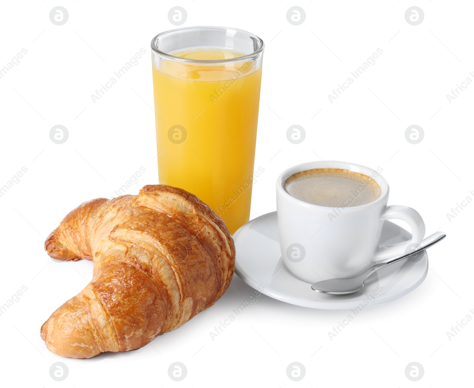 Photo of Delicious fresh croissant, cup with coffee and glass of orange juice isolated on white