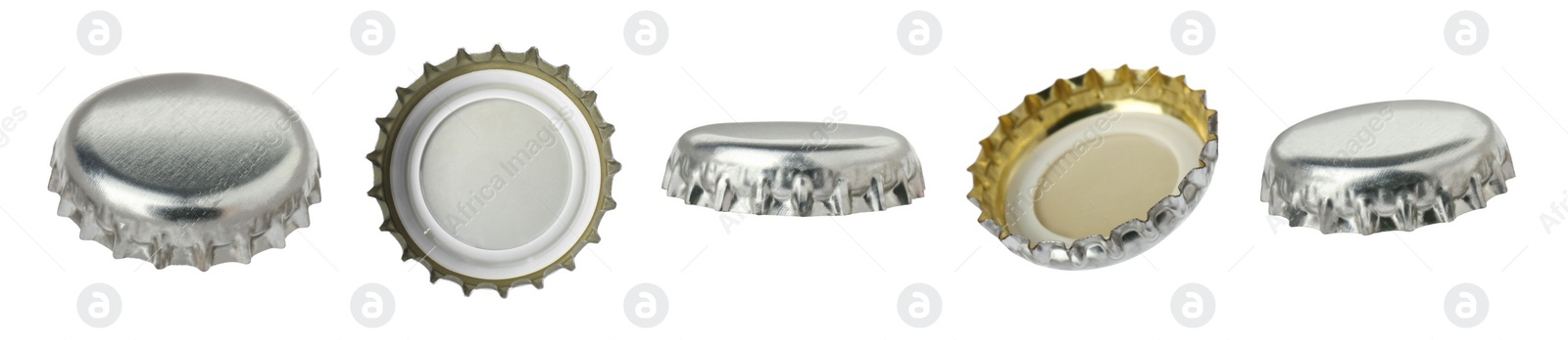 Image of Silver beer bottle cap isolated on white, different sides