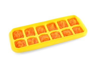 Puree in ice cube tray on white background. Ready for freezing