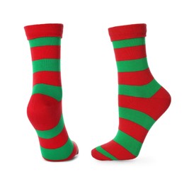 Pair of bright striped socks isolated on white