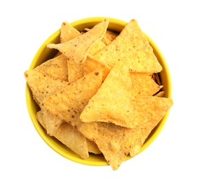 Photo of Yellow bowl with tasty Mexican nachos chips on white background, top view