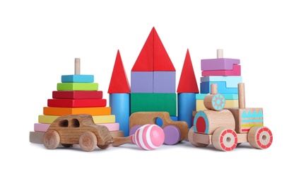 Photo of Set of different toys on white background