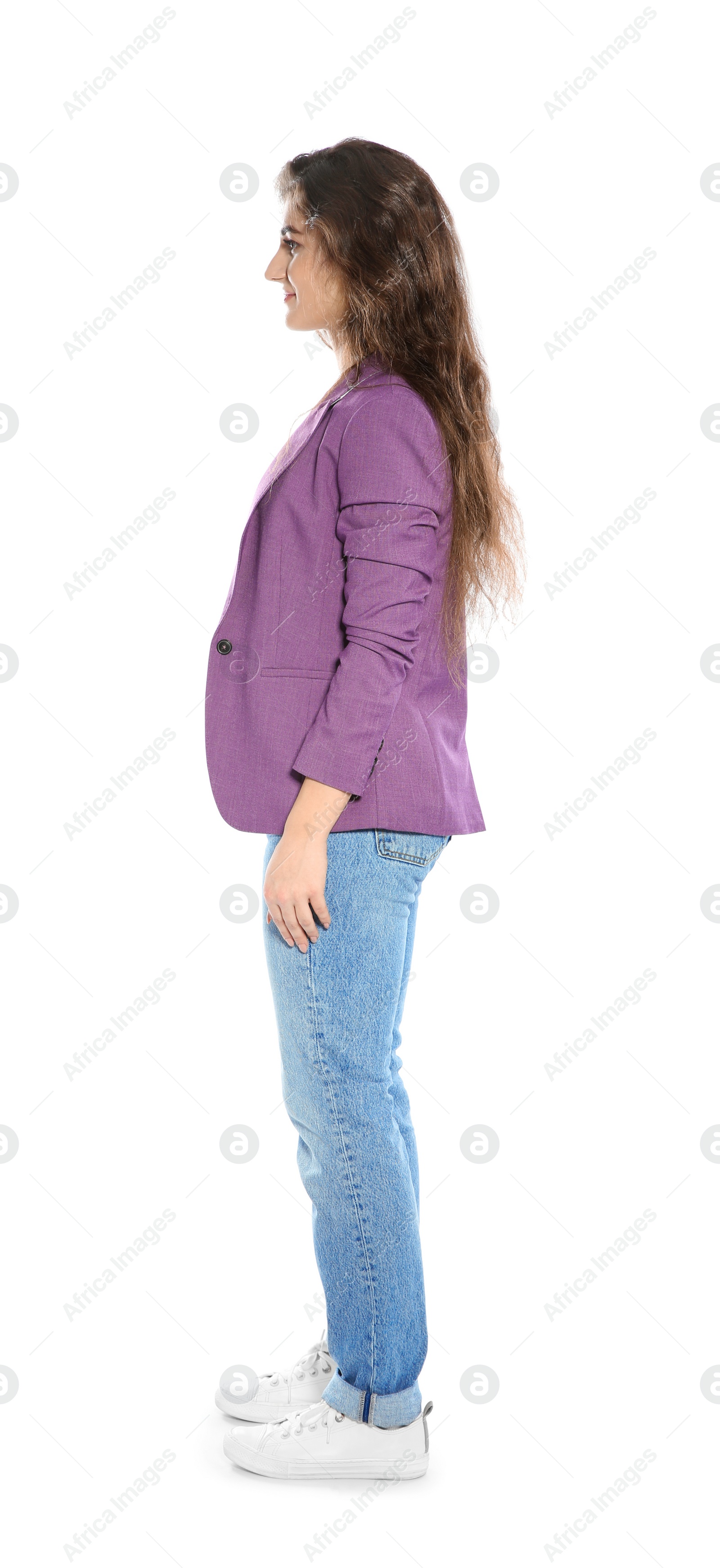 Photo of Beautiful young woman in stylish clothes on white background