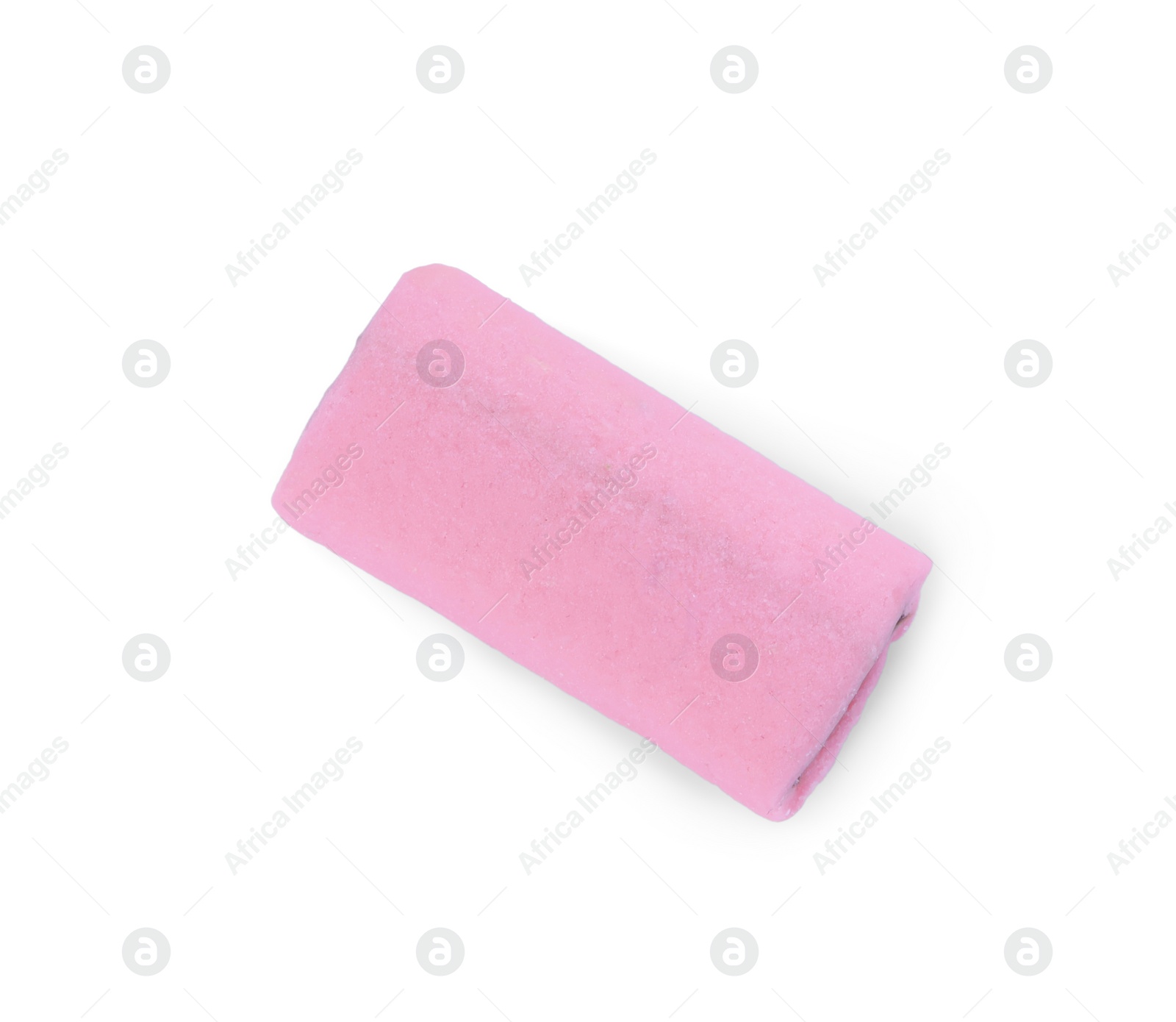 Photo of Pink chewy candy with liquorice isolated on white, top view