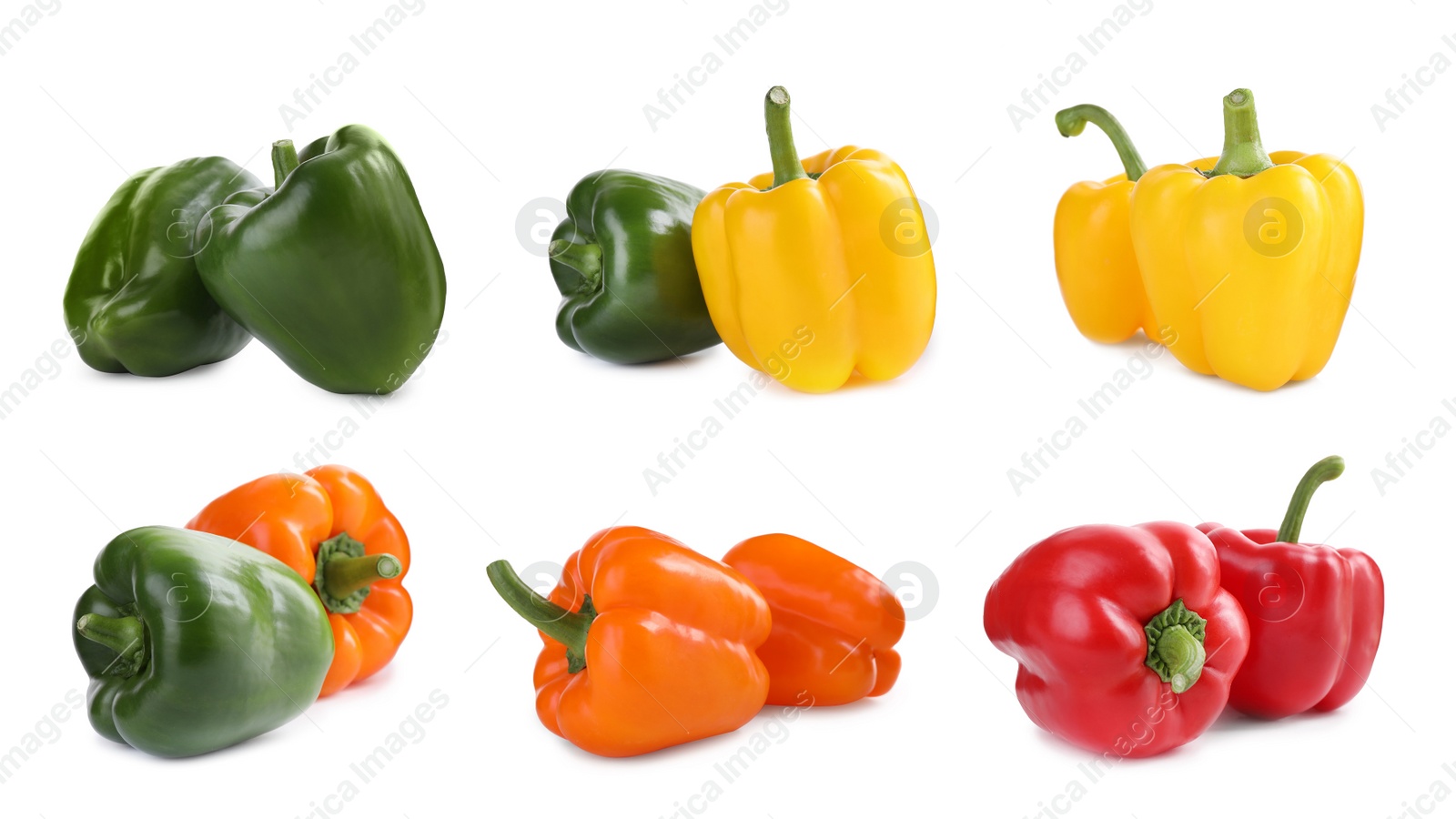 Image of Set of different ripe bell peppers on white background