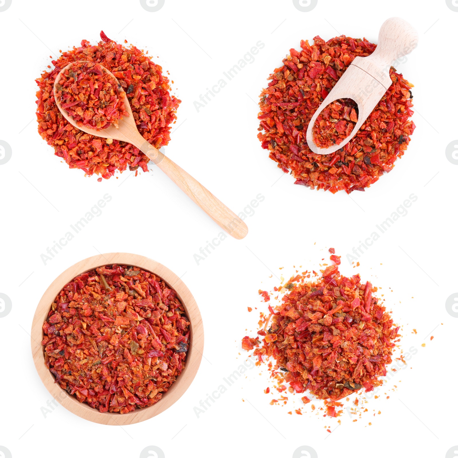 Image of Aromatic spices. Red chili pepper flakes on white background, top view