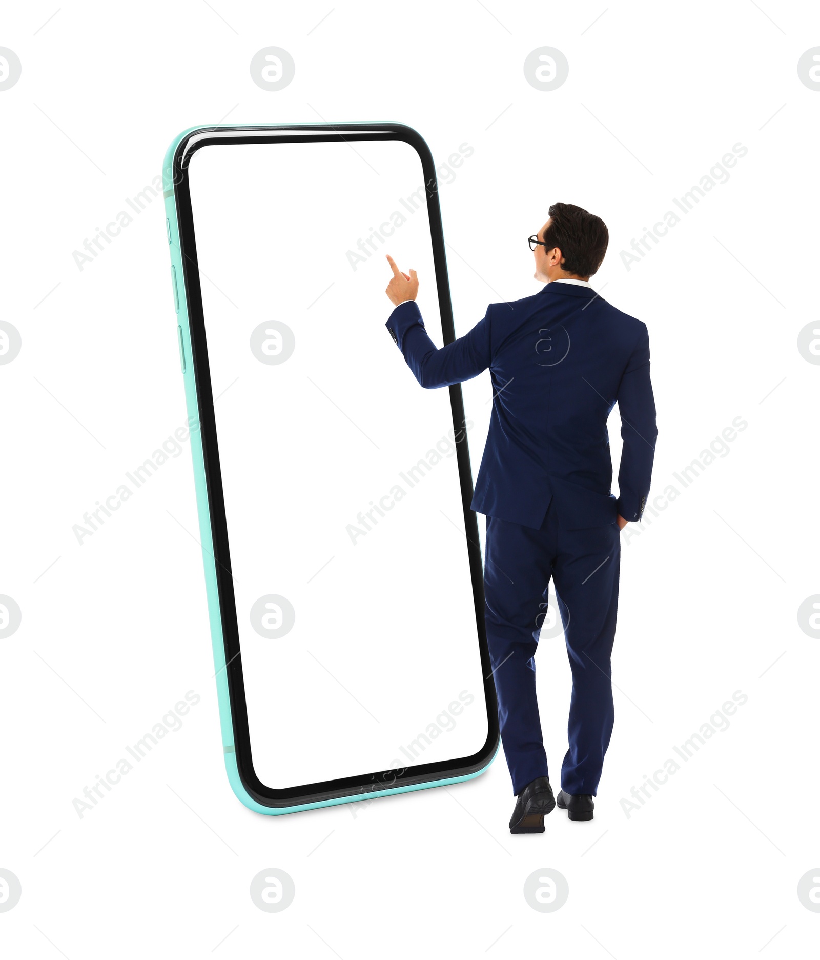 Image of Businessman using big smartphone on white background