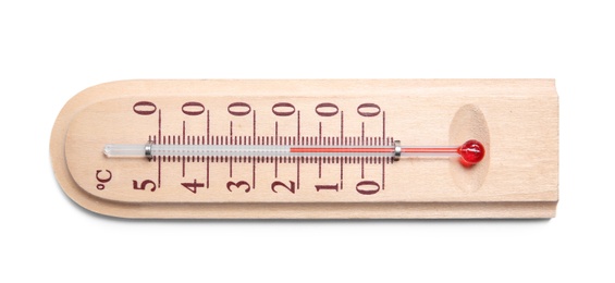 Photo of Weather thermometer on white background, top view