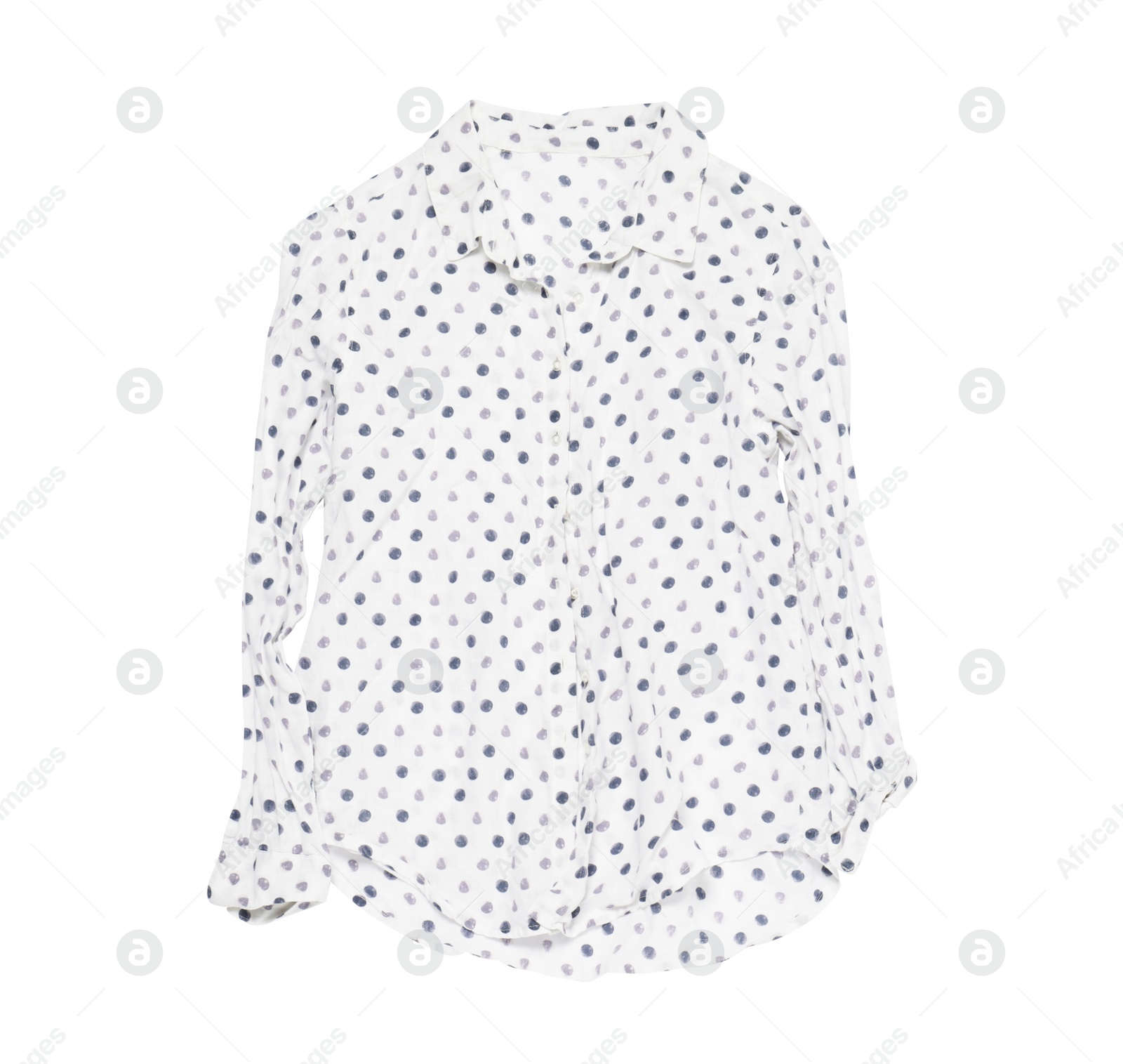 Photo of Crumpled polka dot blouse on white background, top view