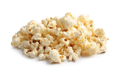 Photo of Pile of tasty fresh popcorn on white background