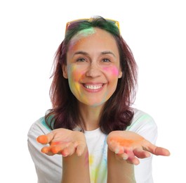 Woman covered with colorful powder dyes on white background. Holi festival celebration