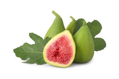 Photo of Cut and whole green figs with leaves isolated on white