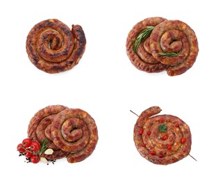 Image of Tasty homemade sausages isolated on white, top view