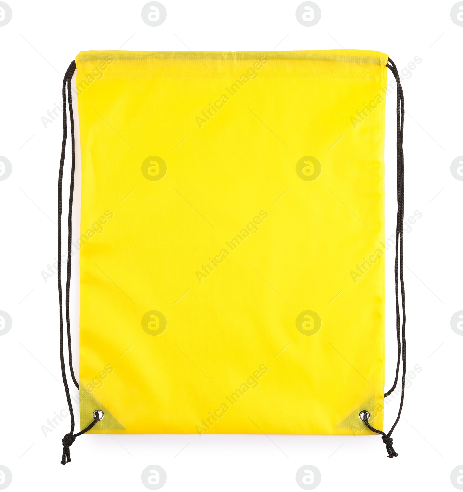 Photo of One yellow drawstring bag isolated on white