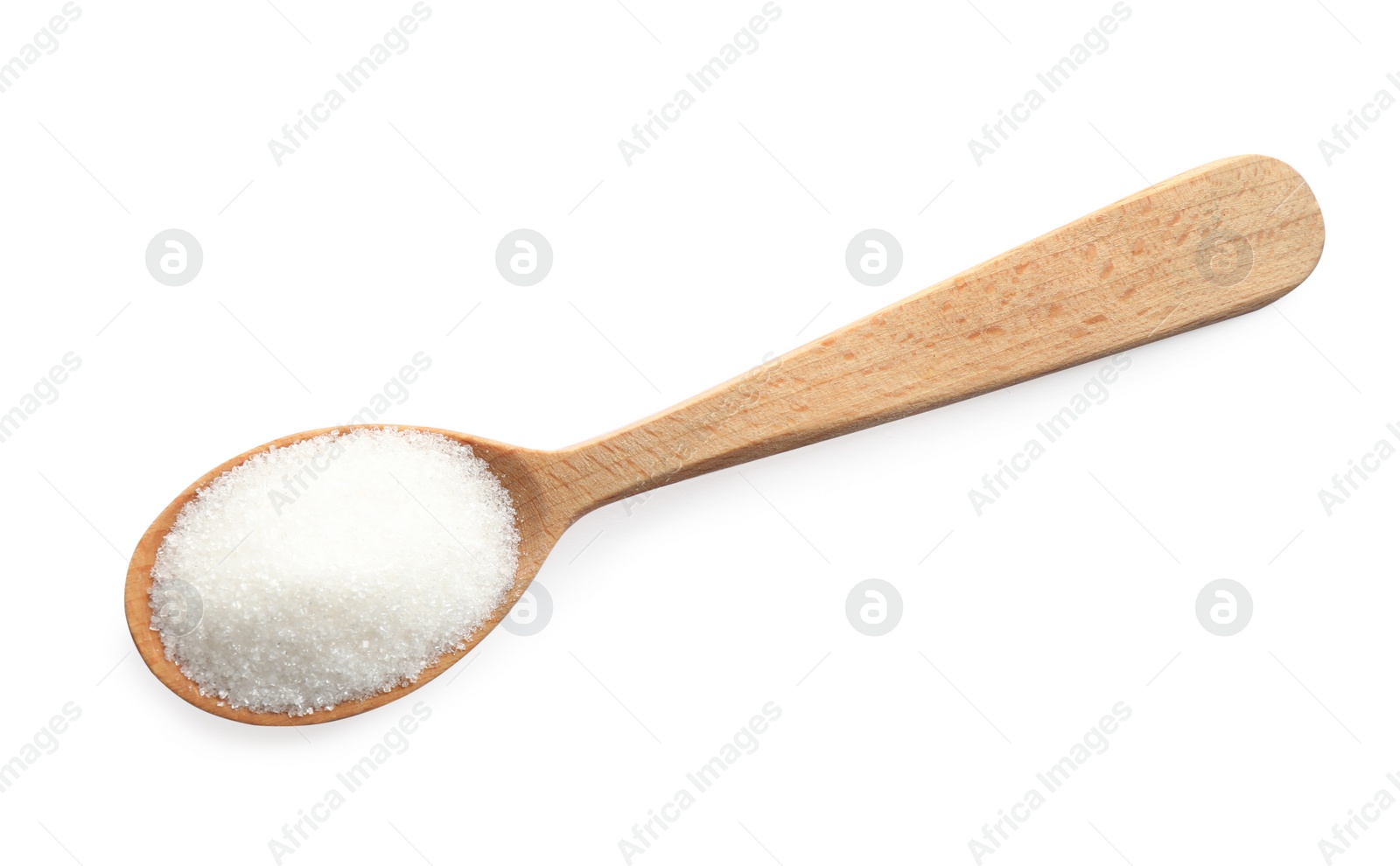 Photo of Granulated sugar in spoon isolated on white, top view