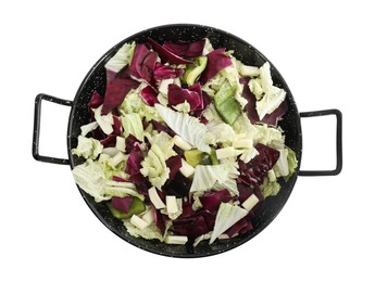 Photo of Delicious salad with Chinese cabbage, bell pepper and suluguni cheese isolated on white, top view