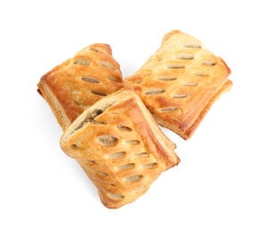 Photo of Fresh tasty puff pastry on white background, top view