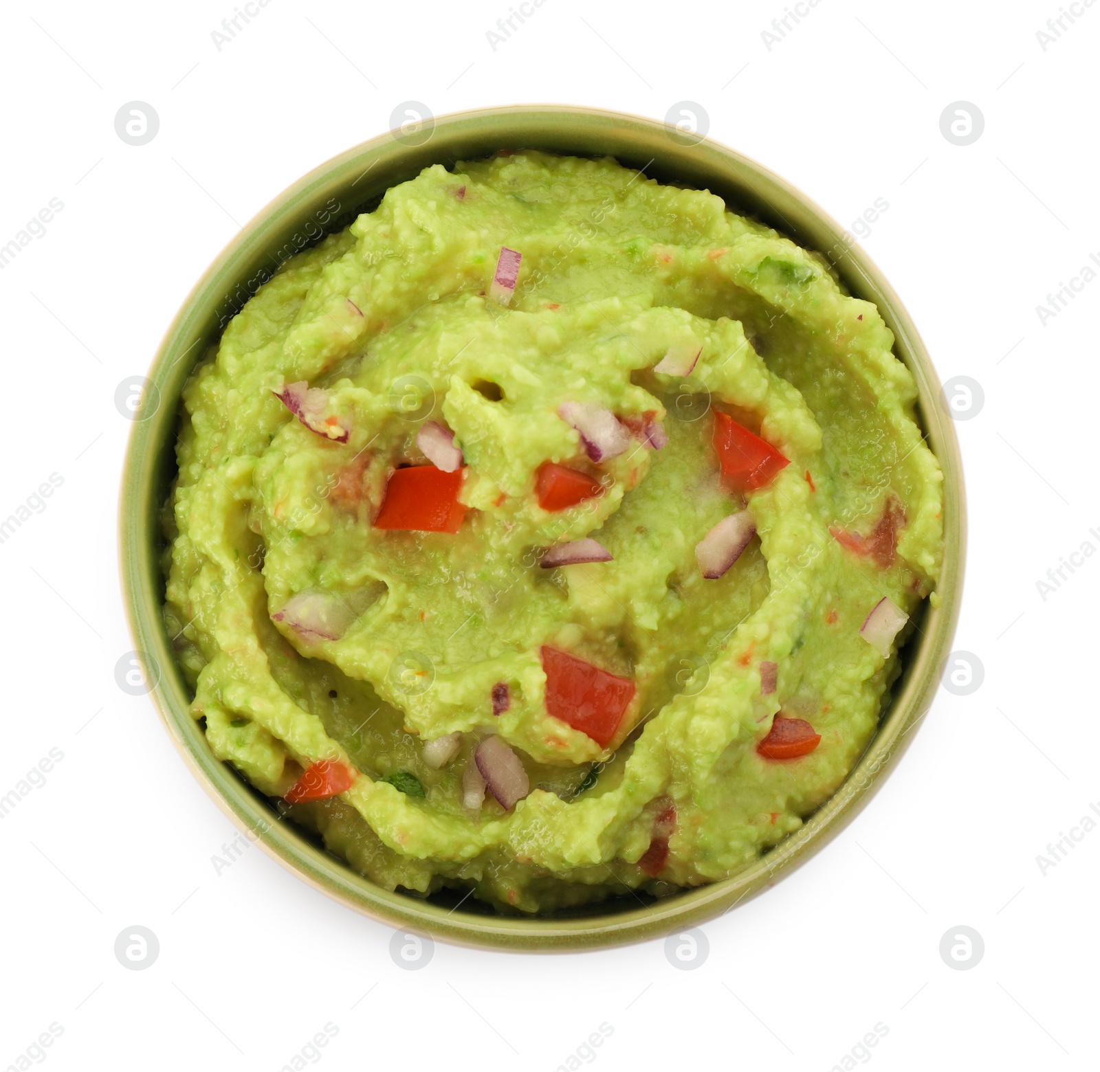 Photo of Bowl of delicious guacamole isolated on white, top view