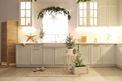 Small Christmas trees and festive decor in kitchen