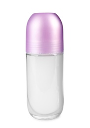 Photo of Blank glass deodorant container on white background