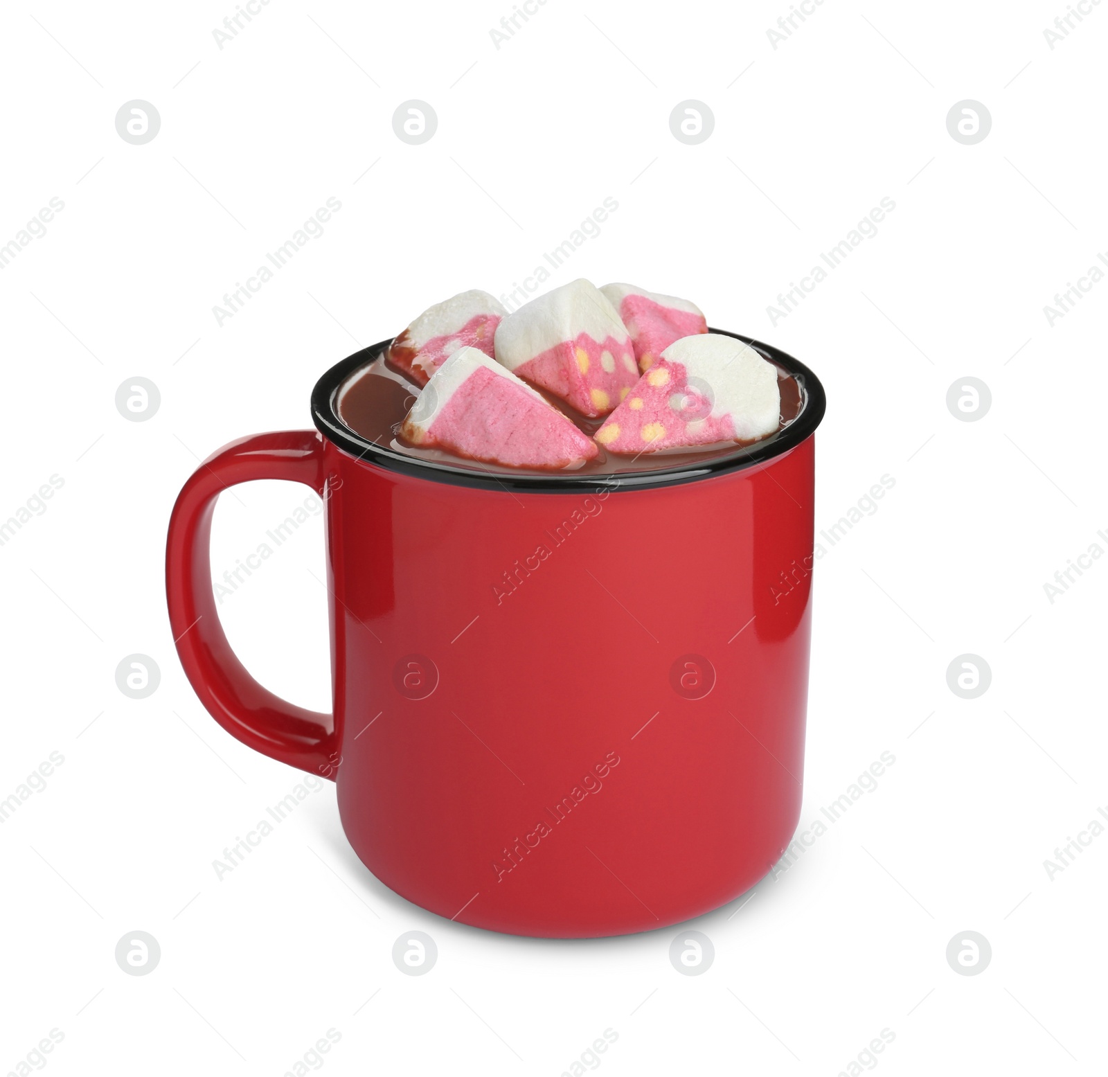 Photo of Cup of delicious hot chocolate with marshmallows isolated on white