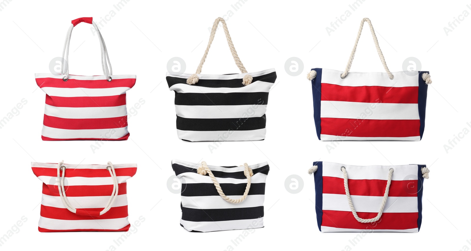 Image of Set with different stylish beach bags on white background 