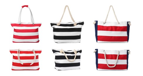 Image of Set with different stylish beach bags on white background 