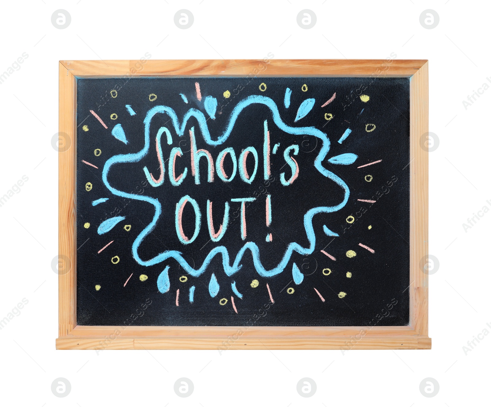 Photo of Chalkboard with text School's Out isolated on white. Summer holidays