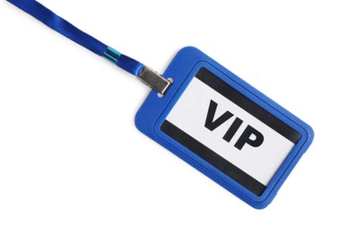 Photo of Blue vip badge isolated on white, top view