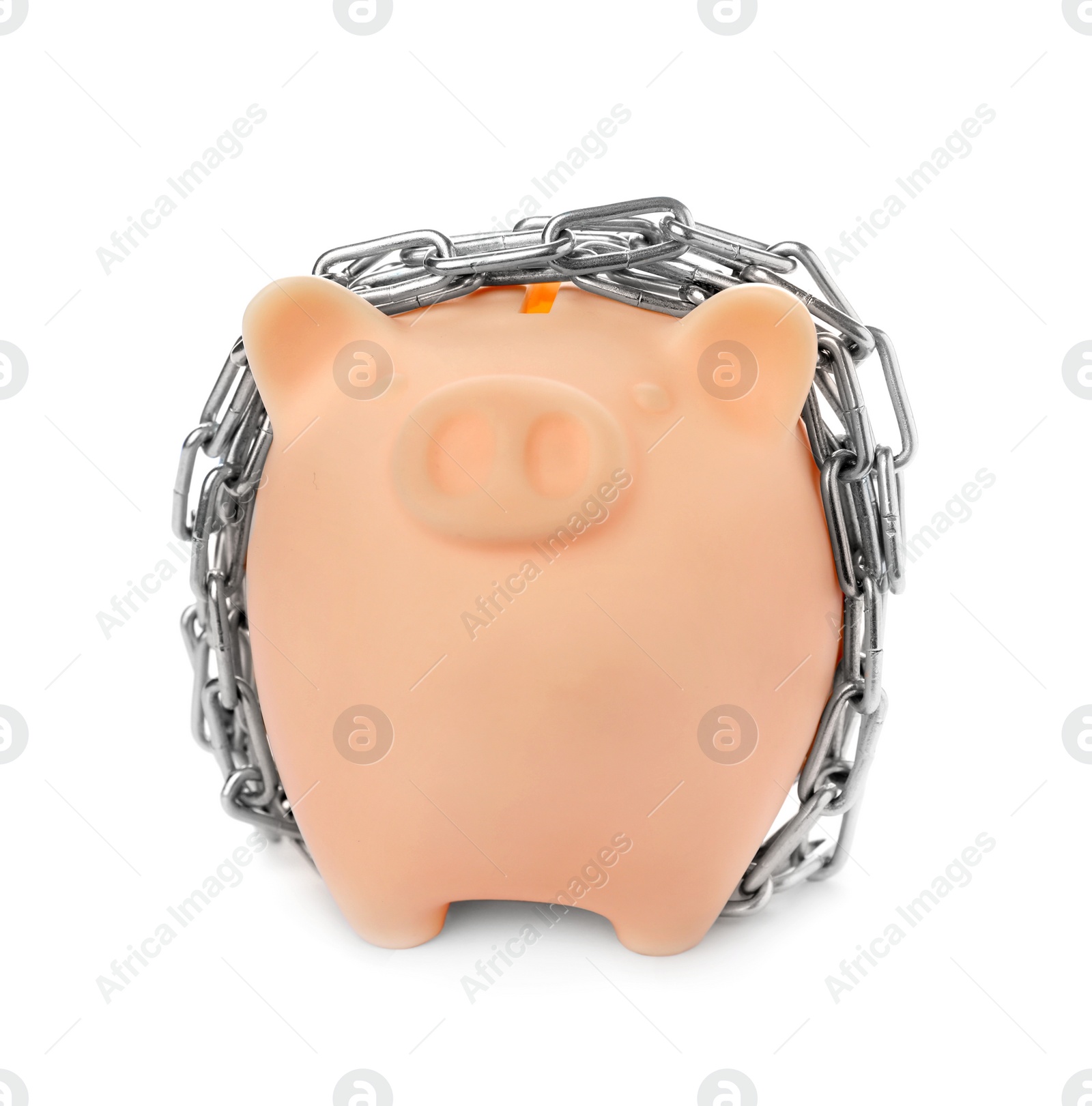 Photo of Piggy bank with steel chain isolated on white. Money safety concept