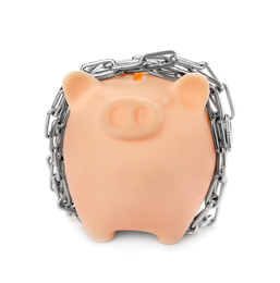 Photo of Piggy bank with steel chain isolated on white. Money safety concept