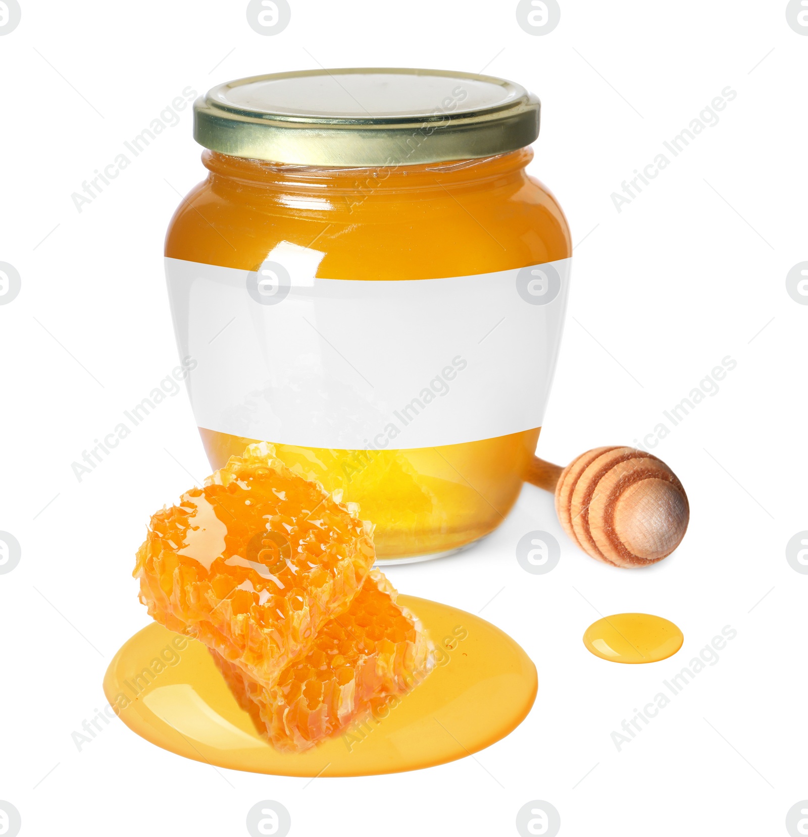 Image of Sweet honey in glass jar with blank label, wooden honey dipper and pieces of honeycomb on white background. Mockup for design