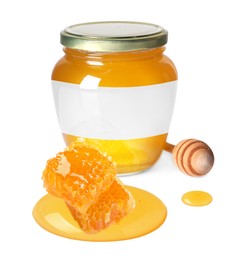 Image of Sweet honey in glass jar with blank label, wooden honey dipper and pieces of honeycomb on white background. Mockup for design