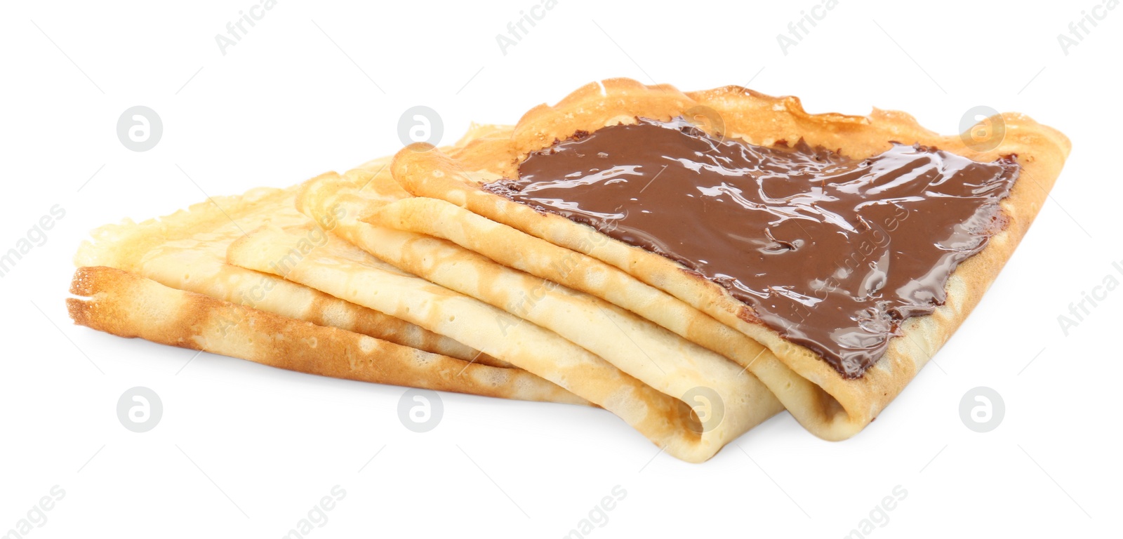 Photo of Tasty crepes with chocolate paste isolated on white