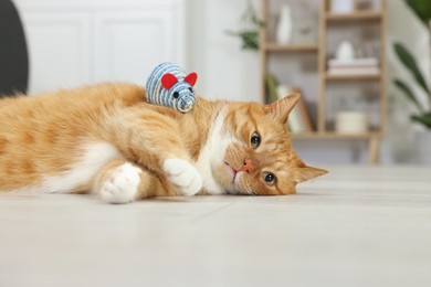 Photo of Cute ginger cat playing with sisal toy mouse at home