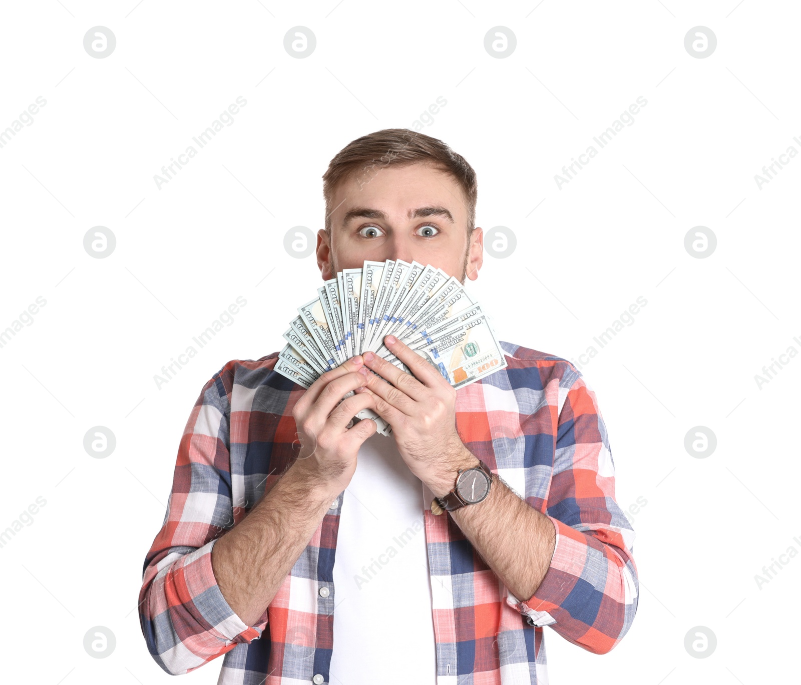 Photo of Portrait of young man holding money banknotes on white background