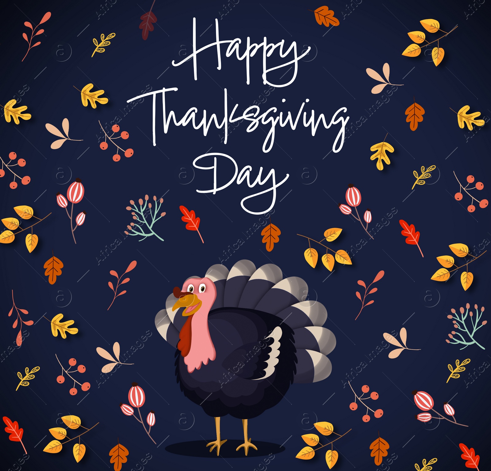 Illustration of Thanksgiving day card design. Text, autumn leaves and turkey on dark blue background, illustration