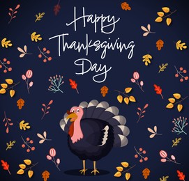 Illustration of Thanksgiving day card design. Text, autumn leaves and turkey on dark blue background, illustration