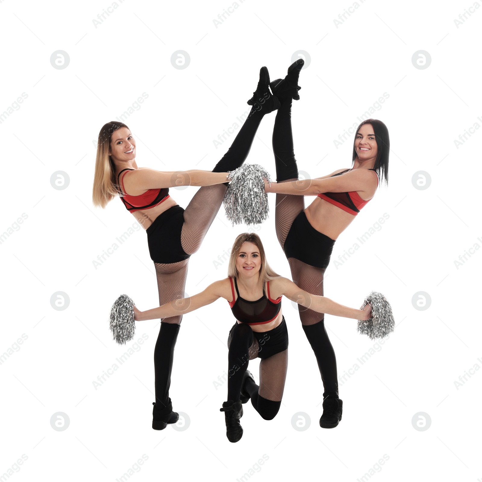 Photo of Group of beautiful cheerleaders on white background