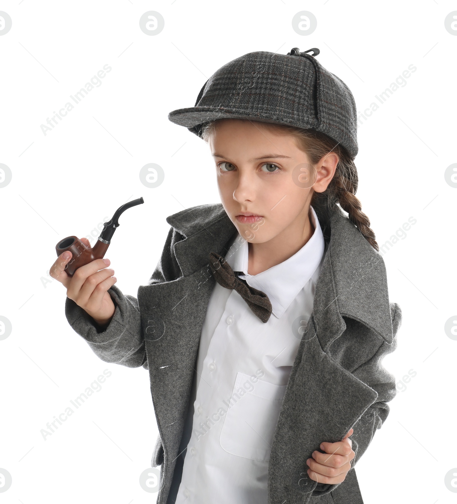 Photo of Cute little detective with smoking pipe on white background