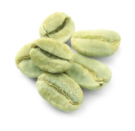 Pile of green coffee beans on white background