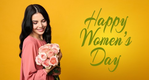 Image of Happy Women's Day, Charming lady holding bouquet of beautiful flowers on golden background