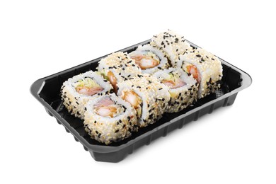 Photo of Tasty sushi rolls with shrimps in box on white background