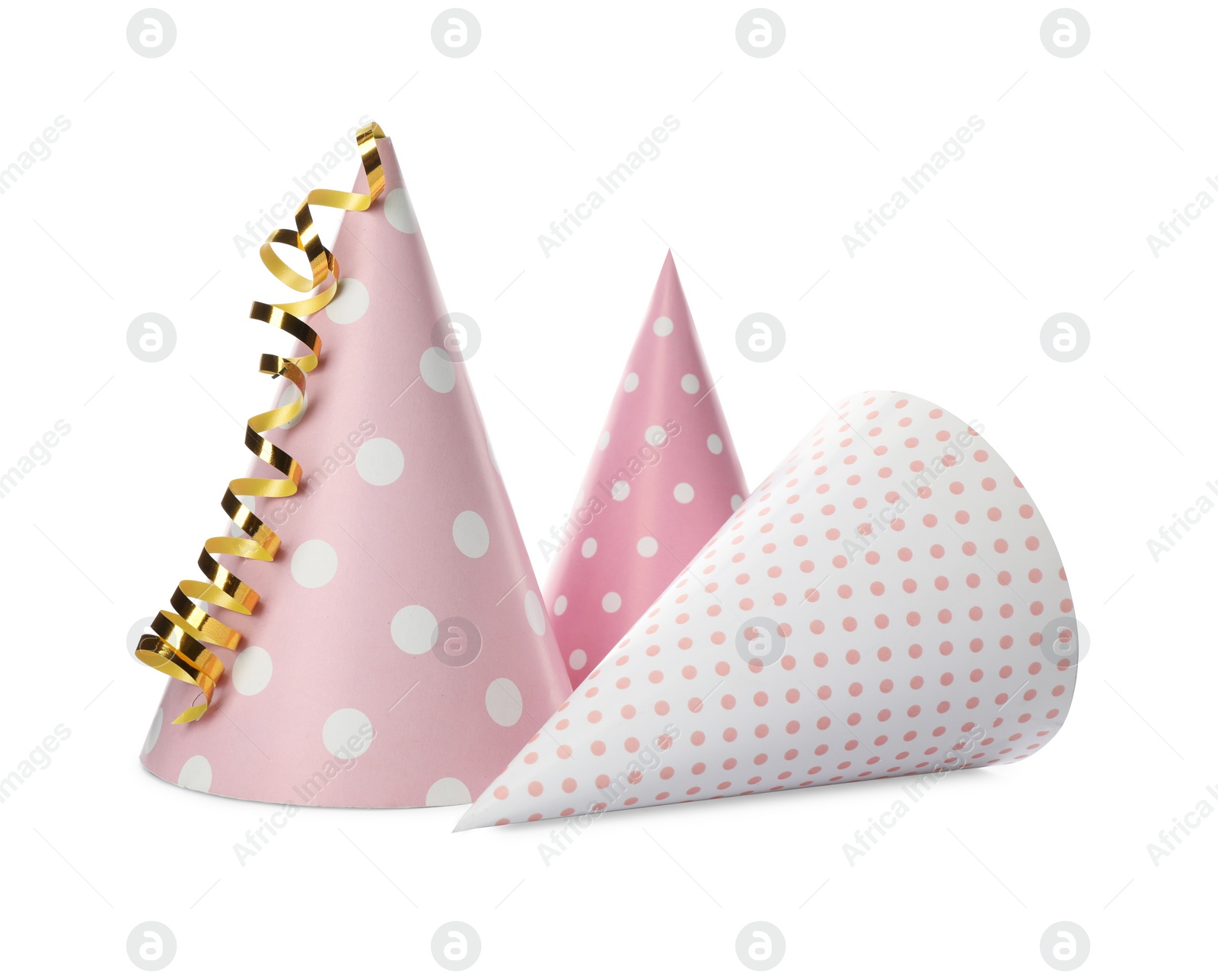 Photo of Colorful party hats on white background. Festive items