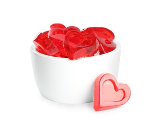 Photo of Sweet heart shaped jelly candies on white background