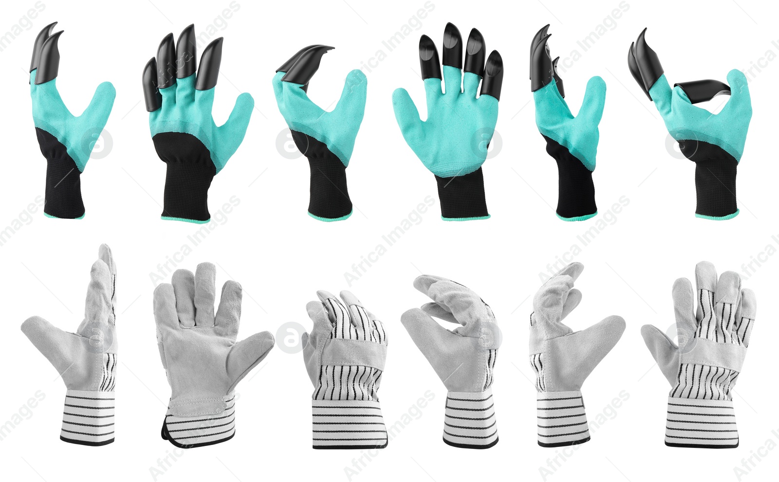 Image of Different gardening gloves isolated on white, set