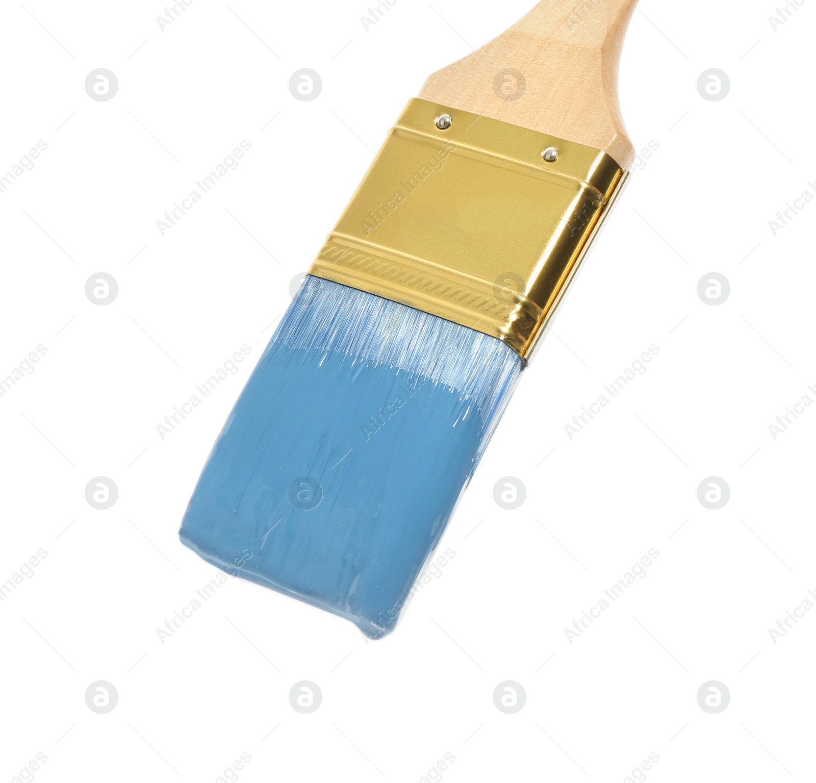 Photo of Brush with blue paint on white background