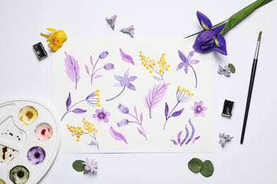 Photo of Flat lay composition with floral picture and watercolor paints on white background